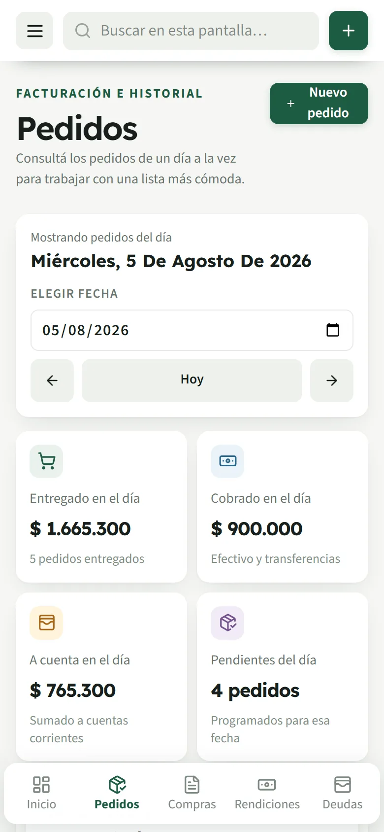 Pantalla de pedidos del día: los totales de lo entregado, lo cobrado, lo que quedó a cuenta corriente y los pedidos que siguen pendientes, y debajo la lista de pedidos con su cliente, sus productos, la hora, el importe y el estado.